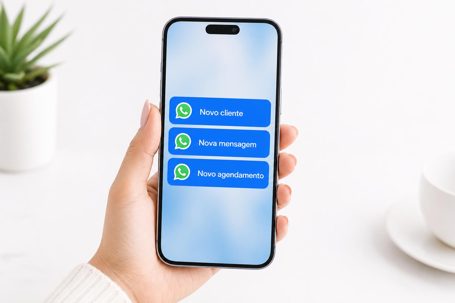 Celular com notificações de novo cliente, nova mensagem e novo agendamento